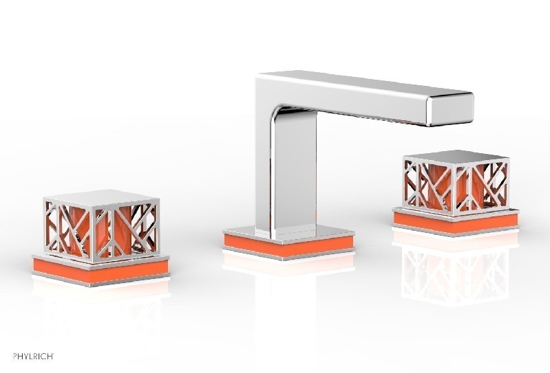 PHYLRICH 222-02-042 JOLIE 4 5/8 INCH THREE HOLES WIDESPREAD DECK BATHROOM FAUCET WITH SQUARE HANDLES AND ORANGE ACCENTS