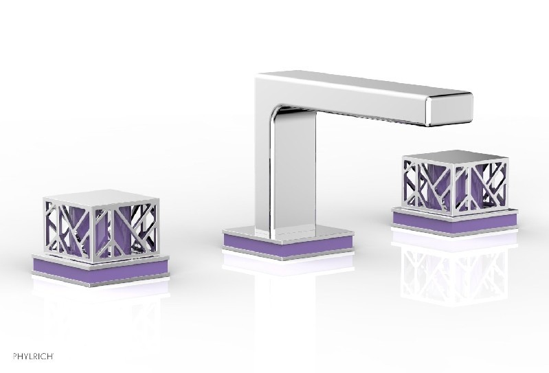 PHYLRICH 222-02-046 JOLIE 4 5/8 INCH THREE HOLES WIDESPREAD DECK BATHROOM FAUCET WITH SQUARE HANDLES AND PURPLE ACCENTS