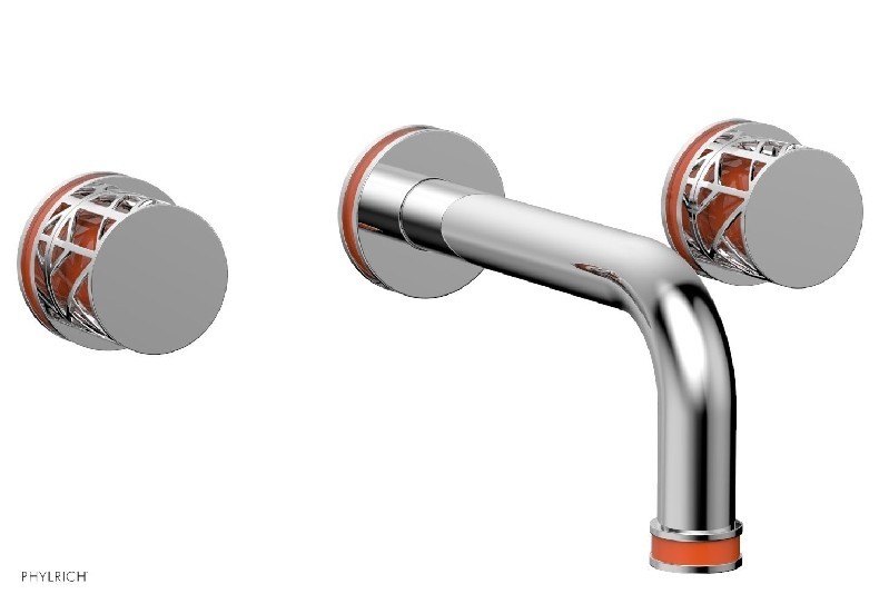 PHYLRICH 222-11-042 JOLIE THREE HOLES WIDESPREAD WALL BATHROOM FAUCET WITH ROUND HANDLES AND ORANGE ACCENTS