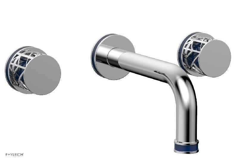 PHYLRICH 222-11-044 JOLIE THREE HOLES WIDESPREAD WALL BATHROOM FAUCET WITH ROUND HANDLES AND NAVY BLUE ACCENTS