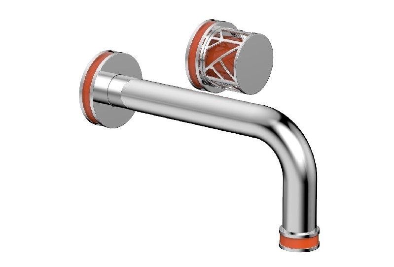 PHYLRICH 222-15-042 JOLIE TWO HOLES WALL MOUNT BATHROOM FAUCET WITH ROUND HANDLE AND ORANGE ACCENTS