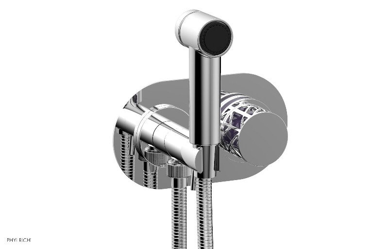 PHYLRICH 222-64-046 JOLIE 4 INCH TWO HOLES WALL MOUNT BIDET FAUCET WITH ROUND HANDLES AND PURPLE ACCENTS