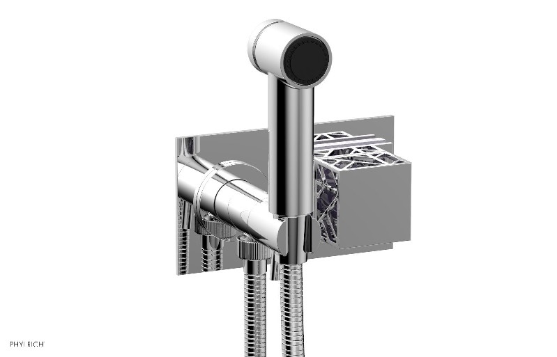 PHYLRICH 222-65-046 JOLIE 3 1/2 INCH TWO HOLES WALL MOUNT BIDET FAUCET WITH SQUARE HANDLES AND PURPLE ACCENTS