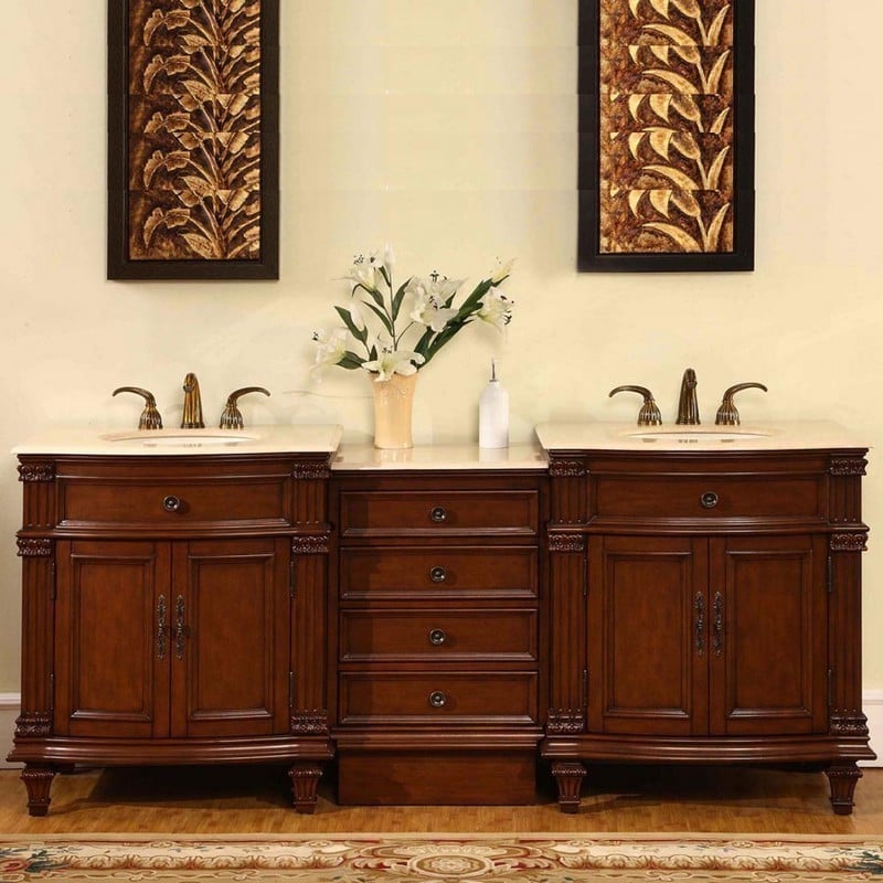 Silkroad Exclusive 55-in Dark Walnut Undermount Double Sink Bathroom Vanity  with Travertine Top in the Bathroom Vanities with Tops department at