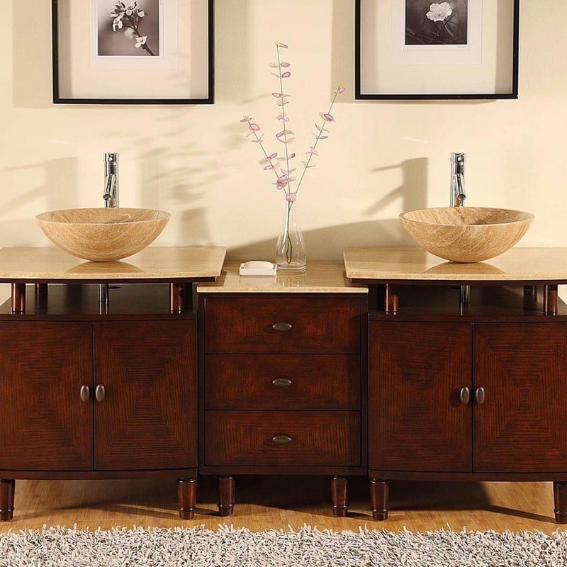 SILKROAD EXCLUSIVE HYP-0808N-T-73 73 INCH TRAVERTINE TOP DOUBLE SINK BATHROOM VANITY - DARK CHESTNUT