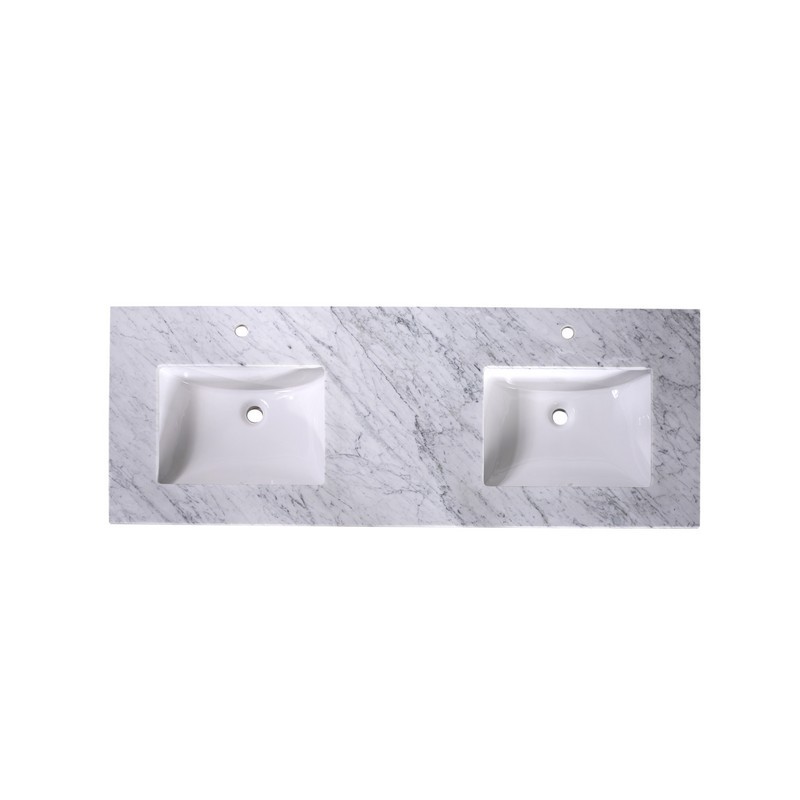 SILKROAD EXCLUSIVE T60D04 60 INCH CARRARA WHITE MARBLE TOP WITH 4 INCH BACKSPLASH AND 1-HOLE RECTANGLE CERAMIC DOUBLE SINK