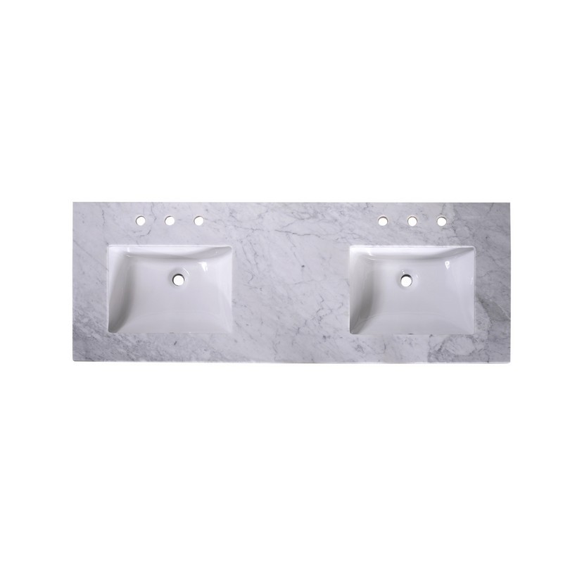 SILKROAD EXCLUSIVE T60D05 60 INCH CARRARA WHITE MARBLE TOP WITH 4 INCH BACKSPLASH AND 8 INCH SPREAD RECTANGLE CERAMIC DOUBLE SINK
