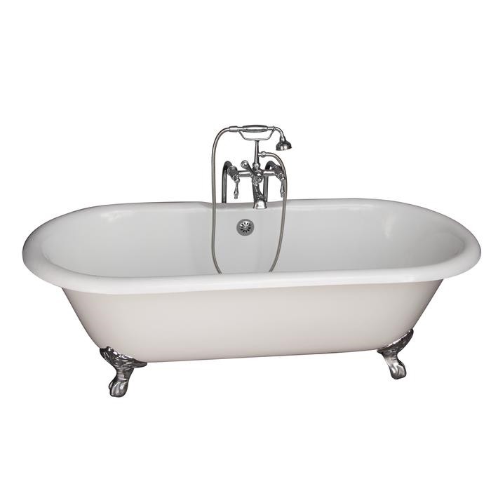 BARCLAY TKCTDRN61-CP3 COLUMBUS 61 INCH CAST IRON FREESTANDING CLAWFOOT SOAKER BATHTUB IN WHITE WITH FINIALS METAL LEVER HANDLE TUB FILLER AND HAND SHOWER IN POLISHED CHROME