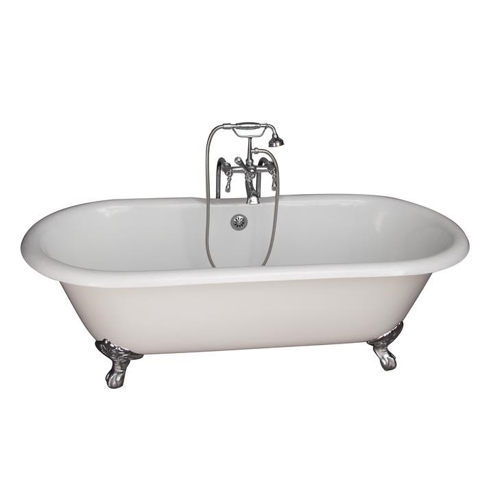 BARCLAY TKCTDRN61-CP4 COLUMBUS 61 INCH CAST IRON FREESTANDING CLAWFOOT SOAKER BATHTUB IN WHITE WITH METAL LEVER HANDLE TUB FILLER AND HAND SHOWER IN POLISHED CHROME
