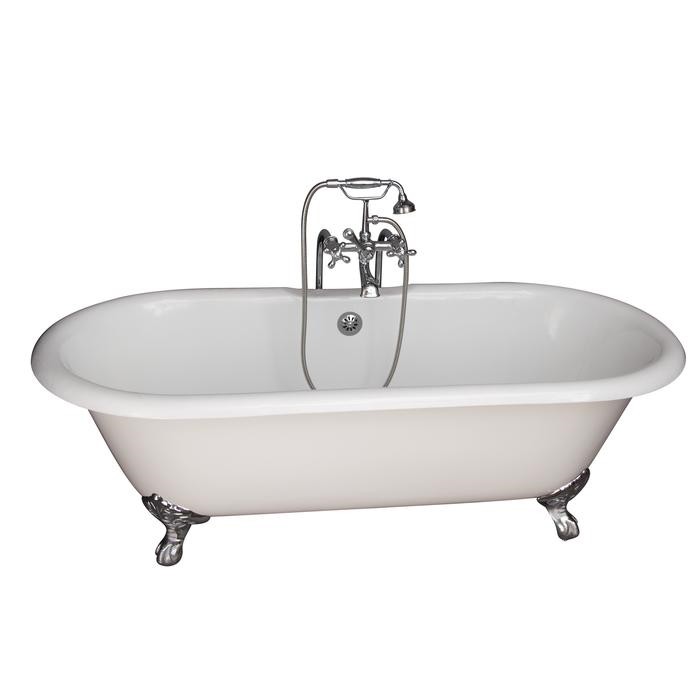 BARCLAY TKCTDRN61-CP5 COLUMBUS 61 INCH CAST IRON FREESTANDING CLAWFOOT SOAKER BATHTUB IN WHITE WITH METAL CROSS HANDLE TUB FILLER AND HAND SHOWER IN POLISHED CHROME