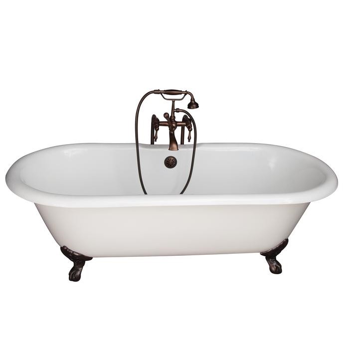BARCLAY TKCTDRN61-ORB3 COLUMBUS 61 INCH CAST IRON FREESTANDING CLAWFOOT SOAKER BATHTUB IN WHITE WITH FINIALS METAL LEVER HANDLE TUB FILLER AND HAND SHOWER IN OIL RUBBED BRONZE