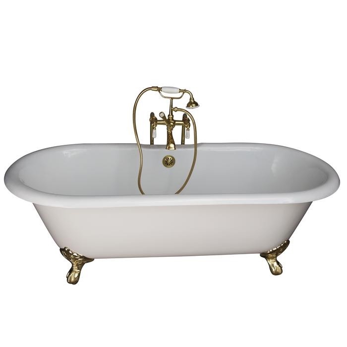 BARCLAY TKCTDRN61-PB1 COLUMBUS 61 INCH CAST IRON FREESTANDING CLAWFOOT SOAKER BATHTUB IN WHITE WITH PORCELAIN LEVER HANDLE TUB FILLER AND HAND SHOWER IN POLISHED BRASS