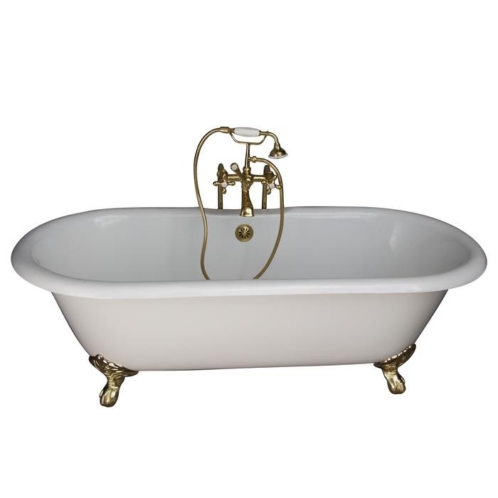 BARCLAY TKCTDRN61-PB2 COLUMBUS 61 INCH CAST IRON FREESTANDING CLAWFOOT SOAKER BATHTUB IN WHITE WITH METAL CROSS HANDLE TUB FILLER AND HAND SHOWER IN POLISHED BRASS