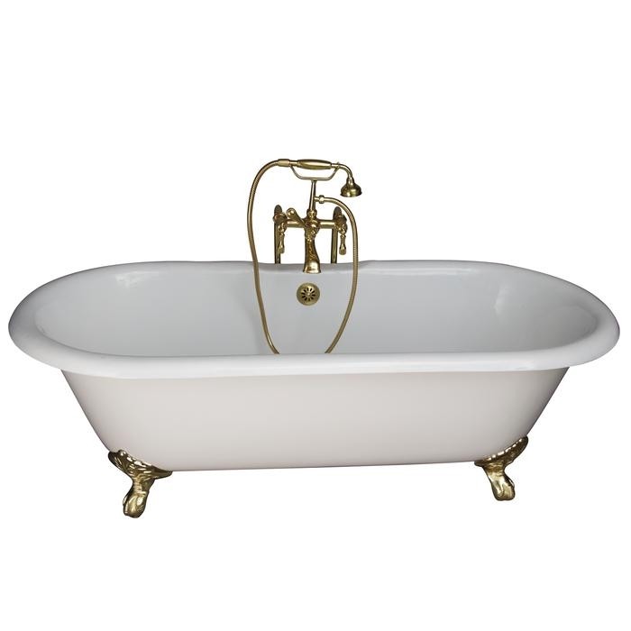 BARCLAY TKCTDRN61-PB4 COLUMBUS 61 INCH CAST IRON FREESTANDING CLAWFOOT SOAKER BATHTUB IN WHITE WITH METAL LEVER HANDLE TUB FILLER AND HAND SHOWER IN POLISHED BRASS