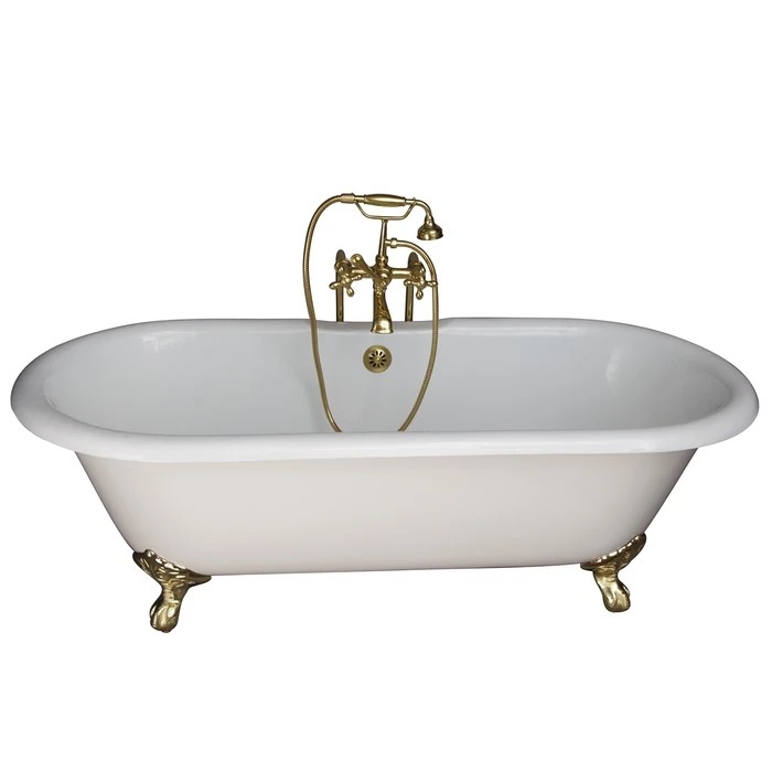 BARCLAY TKCTDRN61-PB5 COLUMBUS 61 INCH CAST IRON FREESTANDING CLAWFOOT SOAKER BATHTUB IN WHITE WITH METAL CROSS HANDLE TUB FILLER AND HAND SHOWER IN POLISHED BRASS