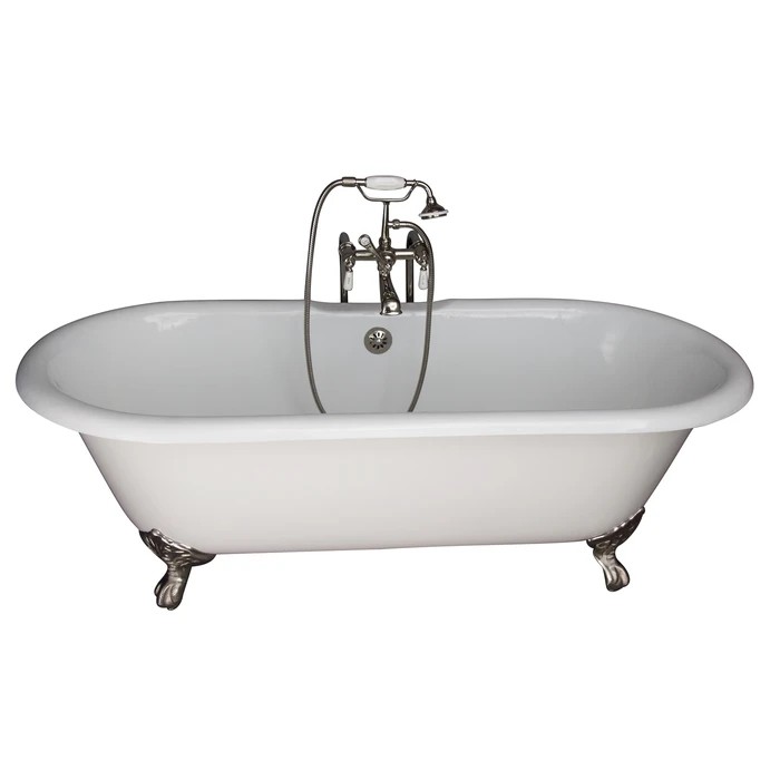 BARCLAY TKCTDRN61-PN1 COLUMBUS 61 INCH CAST IRON FREESTANDING CLAWFOOT SOAKER BATHTUB IN WHITE WITH PORCELAIN LEVER HANDLE TUB FILLER AND HAND SHOWER IN POLISHED NICKEL