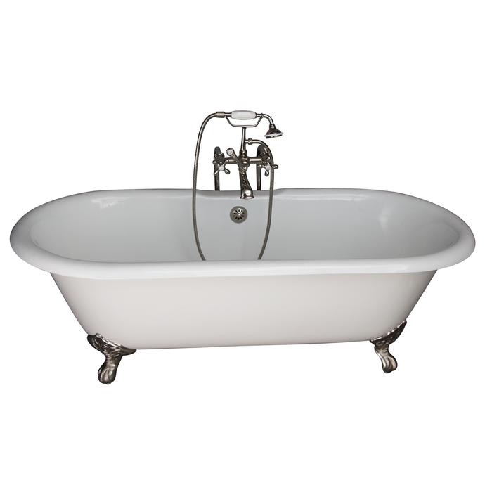 BARCLAY TKCTDRN61-PN2 COLUMBUS 61 INCH CAST IRON FREESTANDING CLAWFOOT SOAKER BATHTUB IN WHITE WITH METAL CROSS HANDLE TUB FILLER AND HAND SHOWER IN POLISHED NICKEL
