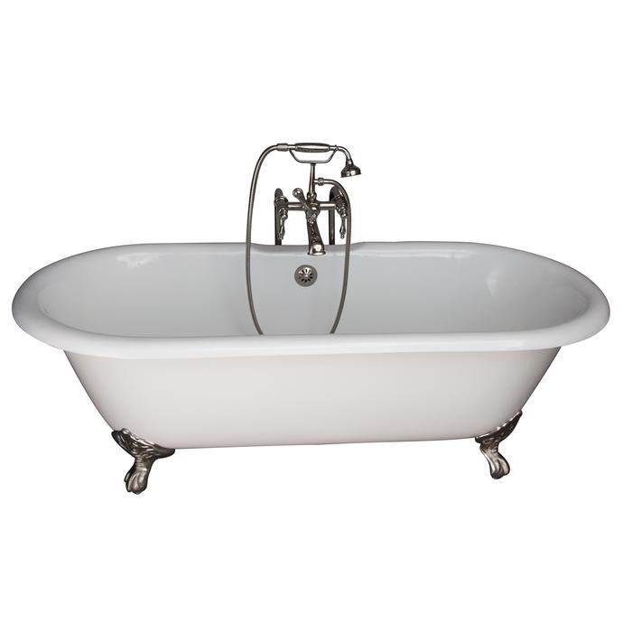 BARCLAY TKCTDRN61-PN3 COLUMBUS 61 INCH CAST IRON FREESTANDING CLAWFOOT SOAKER BATHTUB IN WHITE WITH FINIALS METAL LEVER HANDLE TUB FILLER AND HAND SHOWER IN POLISHED NICKEL