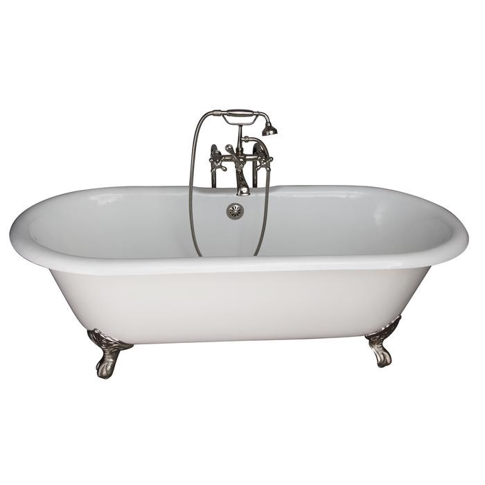 BARCLAY TKCTDRN61-PN5 COLUMBUS 61 INCH CAST IRON FREESTANDING CLAWFOOT SOAKER BATHTUB IN WHITE WITH METAL CROSS HANDLE TUB FILLER AND HAND SHOWER IN POLISHED NICKEL