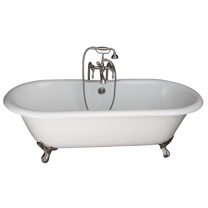 BARCLAY TKCTDRN61-SN3 COLUMBUS 61 INCH CAST IRON FREESTANDING CLAWFOOT SOAKER BATHTUB IN WHITE WITH FINIALS METAL LEVER HANDLE TUB FILLER AND HAND SHOWER IN BRUSHED NICKEL