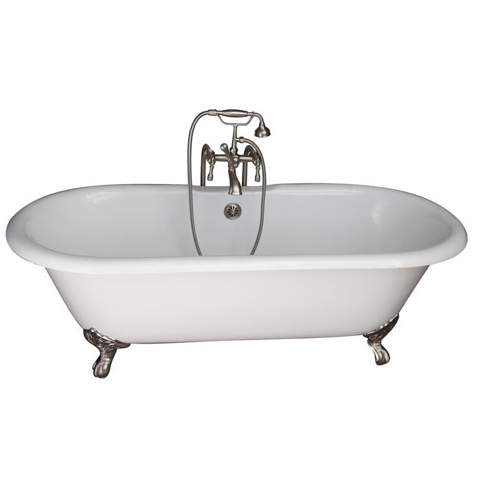 BARCLAY TKCTDRN61-SN4 COLUMBUS 61 INCH CAST IRON FREESTANDING CLAWFOOT SOAKER BATHTUB IN WHITE WITH METAL LEVER HANDLE TUB FILLER AND HAND SHOWER IN BRUSHED NICKEL