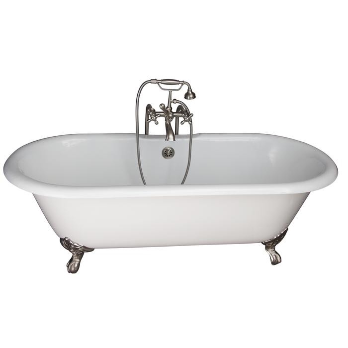 BARCLAY TKCTDRN61-SN5 COLUMBUS 61 INCH CAST IRON FREESTANDING CLAWFOOT SOAKER BATHTUB IN WHITE WITH METAL CROSS HANDLE TUB FILLER AND HAND SHOWER IN BRUSHED NICKEL
