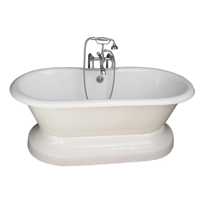 BARCLAY TKCTDRN61B-CP4 COLUMBUS 61 INCH CAST IRON FREESTANDING SOAKER BATHTUB IN WHITE WITH METAL LEVER HANDLE TUB FILLER AND HAND SHOWER IN POLISHED CHROME