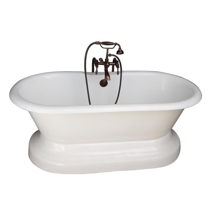 BARCLAY TKCTDRN61B-ORB3 COLUMBUS 61 INCH CAST IRON FREESTANDING SOAKER BATHTUB IN WHITE WITH FINIALS METAL LEVER HANDLE TUB FILLER AND HAND SHOWER IN OIL RUBBED BRONZE