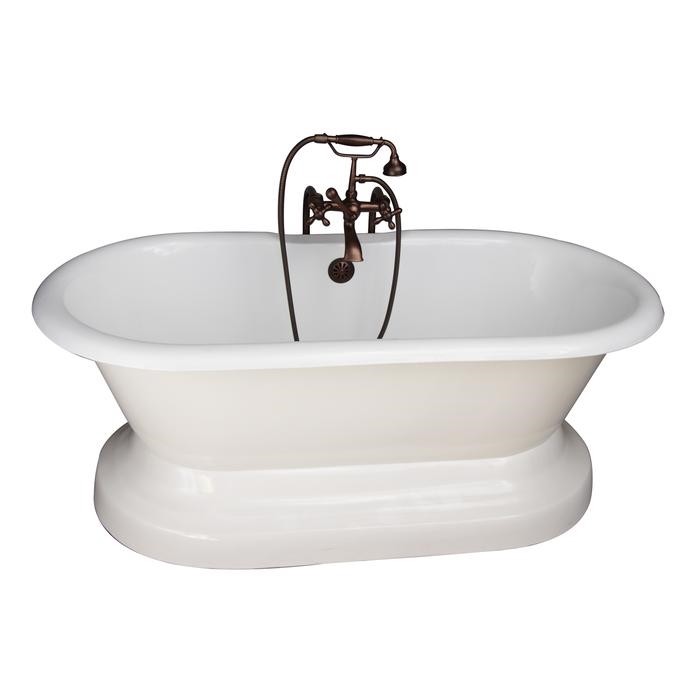 BARCLAY TKCTDRN61B-ORB5 COLUMBUS 61 INCH CAST IRON FREESTANDING SOAKER BATHTUB IN WHITE WITH METAL CROSS HANDLE TUB FILLER AND HAND SHOWER IN OIL RUBBED BRONZE