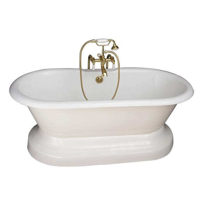 BARCLAY TKCTDRN61B-PB1 COLUMBUS 61 INCH CAST IRON FREESTANDING SOAKER BATHTUB IN WHITE WITH PORCELAIN LEVER HANDLE TUB FILLER AND HAND SHOWER IN POLISHED BRASS