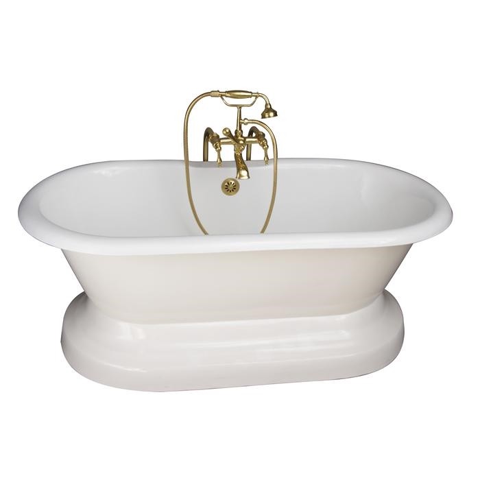 BARCLAY TKCTDRN61B-PB3 COLUMBUS 61 INCH CAST IRON FREESTANDING SOAKER BATHTUB IN WHITE WITH FINIALS METAL LEVER HANDLE TUB FILLER AND HAND SHOWER IN POLISHED BRASS
