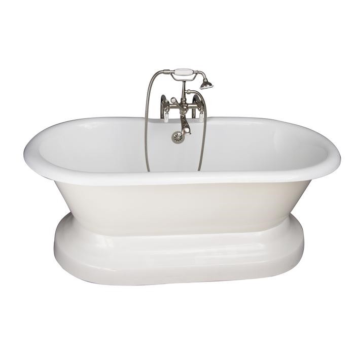 BARCLAY TKCTDRN61B-PN1 COLUMBUS 61 INCH CAST IRON FREESTANDING SOAKER BATHTUB IN WHITE WITH PORCELAIN LEVER HANDLE TUB FILLER AND HAND SHOWER IN POLISHED NICKEL