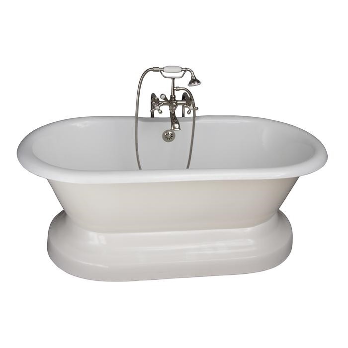 BARCLAY TKCTDRN61B-PN2 COLUMBUS 61 INCH CAST IRON FREESTANDING SOAKER BATHTUB IN WHITE WITH METAL CROSS HANDLE TUB FILLER AND HAND SHOWER IN POLISHED NICKEL