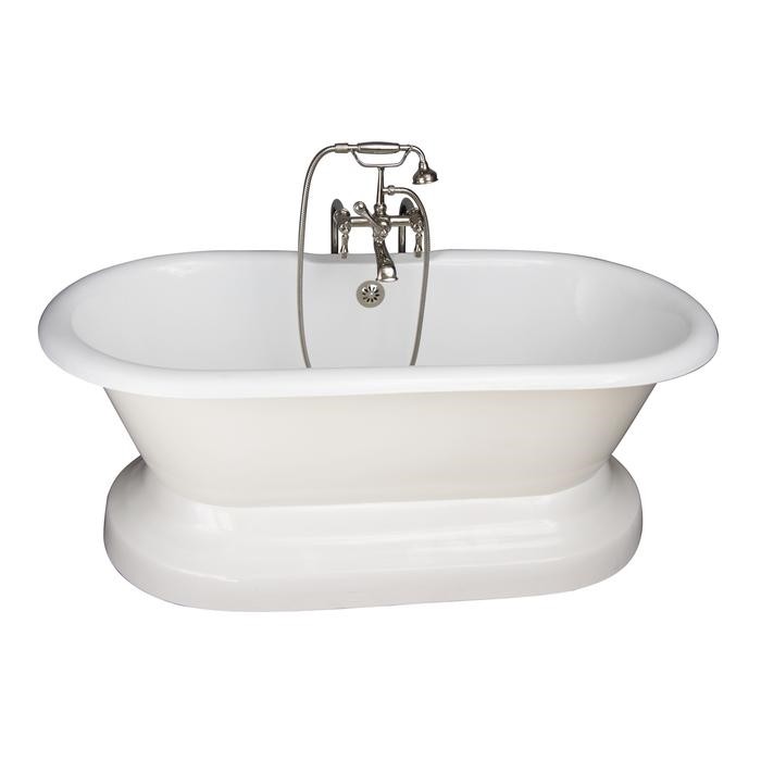 BARCLAY TKCTDRN61B-PN4 COLUMBUS 61 INCH CAST IRON FREESTANDING SOAKER BATHTUB IN WHITE WITH METAL LEVER HANDLE TUB FILLER AND HAND SHOWER IN POLISHED NICKEL