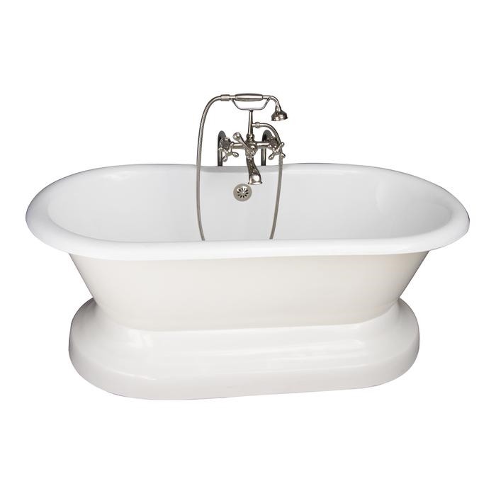 BARCLAY TKCTDRN61B-PN5 COLUMBUS 61 INCH CAST IRON FREESTANDING SOAKER BATHTUB IN WHITE WITH METAL CROSS HANDLE TUB FILLER AND HAND SHOWER IN POLISHED NICKEL