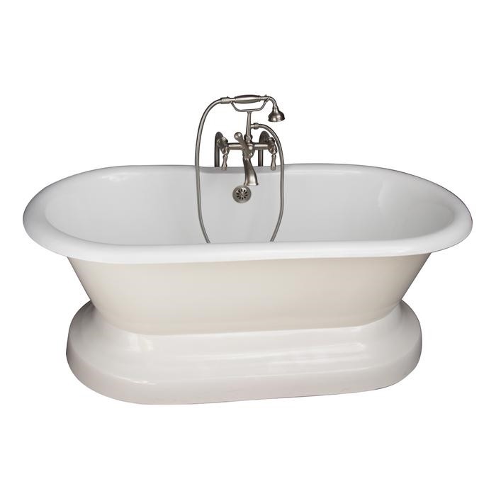 BARCLAY TKCTDRN61B-SN4 COLUMBUS 61 INCH CAST IRON FREESTANDING SOAKER BATHTUB IN WHITE WITH METAL LEVER HANDLE TUB FILLER AND HAND SHOWER IN BRUSHED NICKEL