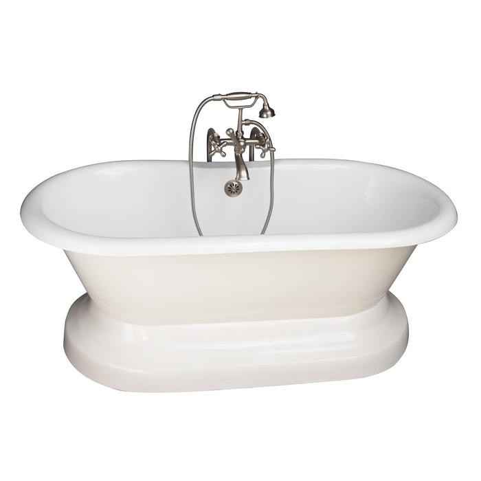 BARCLAY TKCTDRN61B-SN5 COLUMBUS 61 INCH CAST IRON FREESTANDING SOAKER BATHTUB IN WHITE WITH METAL CROSS HANDLE TUB FILLER AND HAND SHOWER IN BRUSHED NICKEL