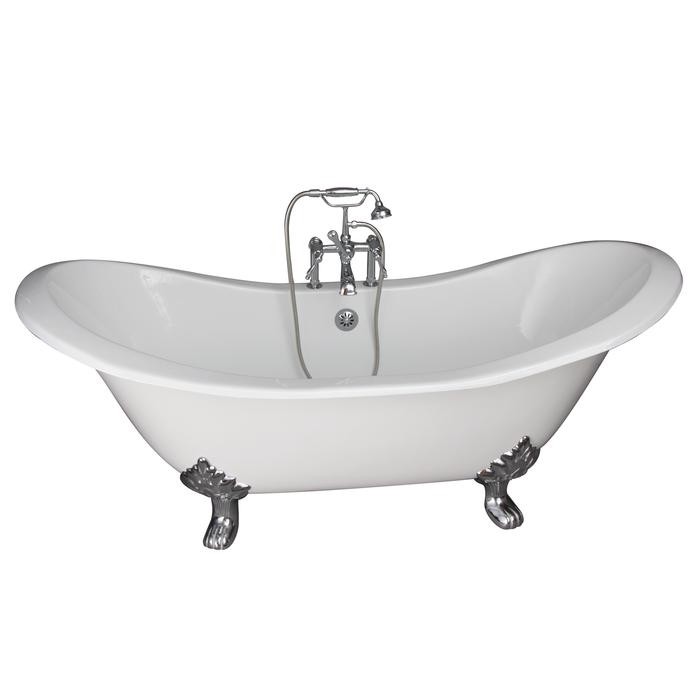 BARCLAY TKCTDSH-CP3 MARSHALL 72 INCH CAST IRON FREESTANDING SOAKER BATHTUB IN WHITE WITH FINIALS METAL LEVER HANDLE TUB FILLER AND HAND SHOWER IN POLISHED CHROME