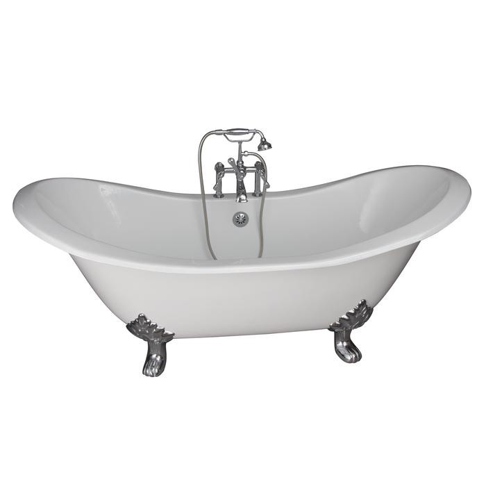 BARCLAY TKCTDSH-CP4 MARSHALL 72 INCH CAST IRON FREESTANDING SOAKER BATHTUB IN WHITE WITH METAL LEVER HANDLE TUB FILLER AND HAND SHOWER IN POLISHED CHROME