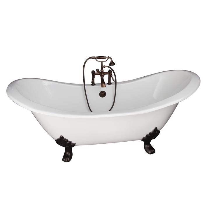 BARCLAY TKCTDSH-ORB3 MARSHALL 72 INCH CAST IRON FREESTANDING SOAKER BATHTUB IN WHITE WITH FINIALS METAL LEVER HANDLE TUB FILLER AND HAND SHOWER IN OIL RUBBED BRONZE