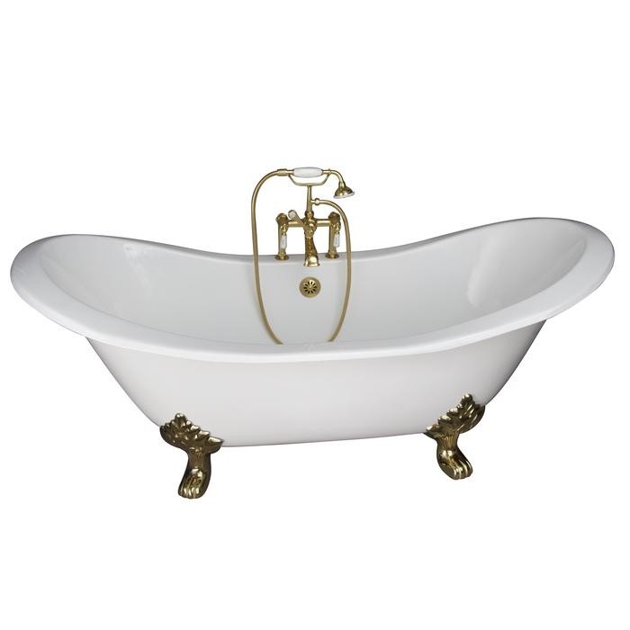 BARCLAY TKCTDSH-PB1 MARSHALL 72 INCH CAST IRON FREESTANDING SOAKER BATHTUB IN WHITE WITH PORCELAIN LEVER HANDLE TUB FILLER AND HAND SHOWER IN POLISHED BRASS
