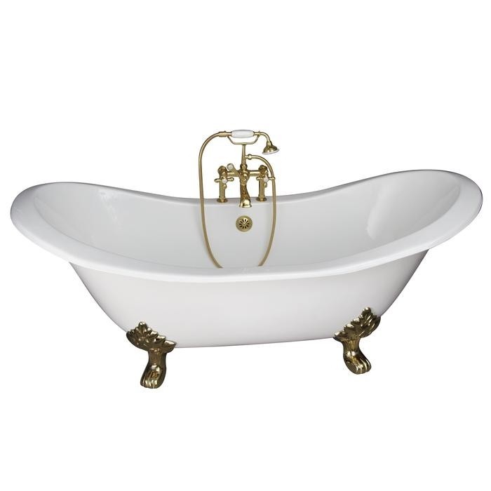 BARCLAY TKCTDSH-PB2 MARSHALL 72 INCH CAST IRON FREESTANDING SOAKER BATHTUB IN WHITE WITH METAL CROSS HANDLE TUB FILLER AND HAND SHOWER IN POLISHED BRASS