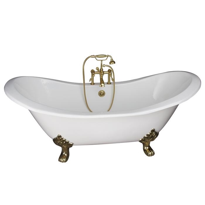 BARCLAY TKCTDSH-PB3 MARSHALL 72 INCH CAST IRON FREESTANDING SOAKER BATHTUB IN WHITE WITH FINIALS METAL LEVER HANDLE TUB FILLER AND HAND SHOWER IN POLISHED BRASS