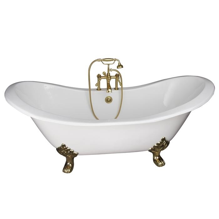 BARCLAY TKCTDSH-PB4 MARSHALL 72 INCH CAST IRON FREESTANDING SOAKER BATHTUB IN WHITE WITH METAL LEVER HANDLE TUB FILLER AND HAND SHOWER IN POLISHED BRASS
