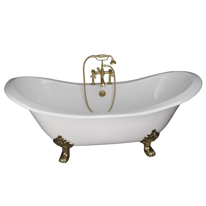 BARCLAY TKCTDSH-PB5 MARSHALL 72 INCH CAST IRON FREESTANDING SOAKER BATHTUB IN WHITE WITH METAL CROSS HANDLE TUB FILLER AND HAND SHOWER IN POLISHED BRASS