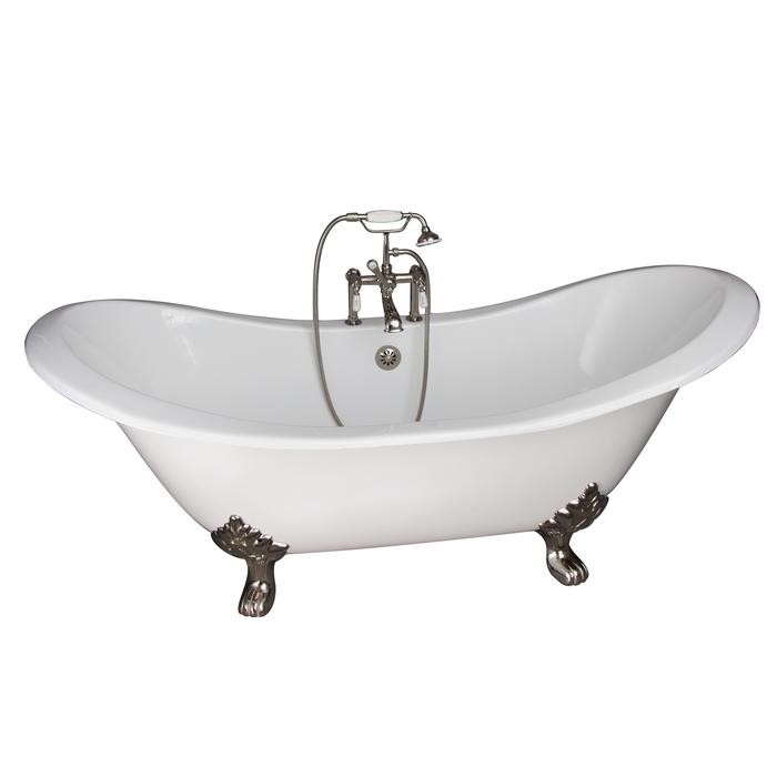 BARCLAY TKCTDSH-PN1 MARSHALL 72 INCH CAST IRON FREESTANDING SOAKER BATHTUB IN WHITE WITH PORCELAIN LEVER HANDLE TUB FILLER AND HAND SHOWER IN POLISHED NICKEL