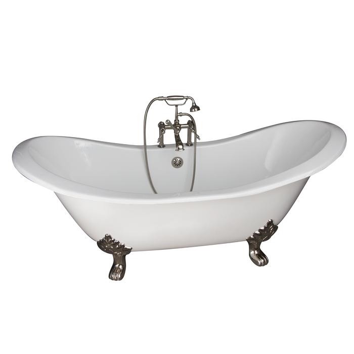BARCLAY TKCTDSH-PN3 MARSHALL 72 INCH CAST IRON FREESTANDING SOAKER BATHTUB IN WHITE WITH FINIALS METAL LEVER HANDLE TUB FILLER AND HAND SHOWER IN POLISHED NICKEL