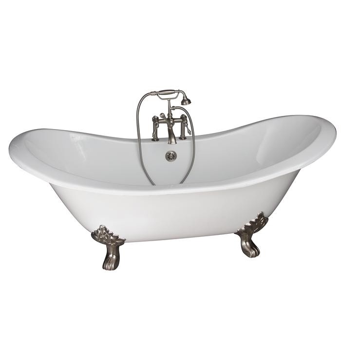 BARCLAY TKCTDSH-SN3 MARSHALL 72 INCH CAST IRON FREESTANDING SOAKER BATHTUB IN WHITE WITH FINIALS METAL LEVER HANDLE TUB FILLER AND HAND SHOWER IN BRUSHED NICKEL