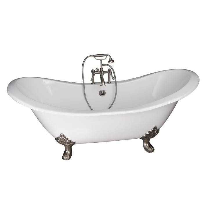 BARCLAY TKCTDSH-SN4 MARSHALL 72 INCH CAST IRON FREESTANDING SOAKER BATHTUB IN WHITE WITH METAL LEVER HANDLE TUB FILLER AND HAND SHOWER IN BRUSHED NICKEL