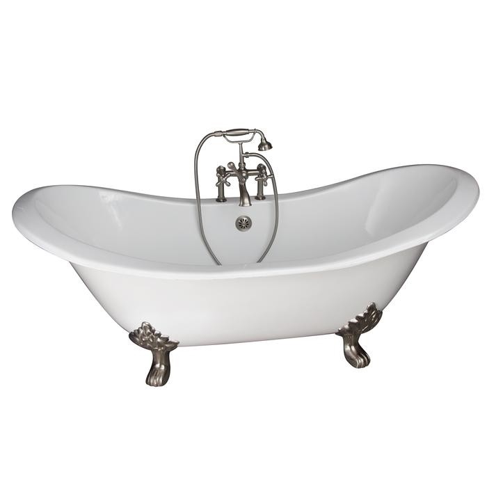 BARCLAY TKCTDSH-SN5 MARSHALL 72 INCH CAST IRON FREESTANDING SOAKER BATHTUB IN WHITE WITH METAL CROSS HANDLE TUB FILLER AND HAND SHOWER IN BRUSHED NICKEL